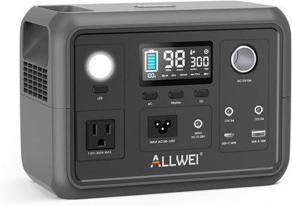Portable Power Station 300W (Peak 600W), ALLWEI 256Wh Solar Generator with 60W USB-C PD Output, 110V Pure Sine Wave AC Outlet Backup LiFePO4 Battery for Outdoors Camping Travel Home Blackout