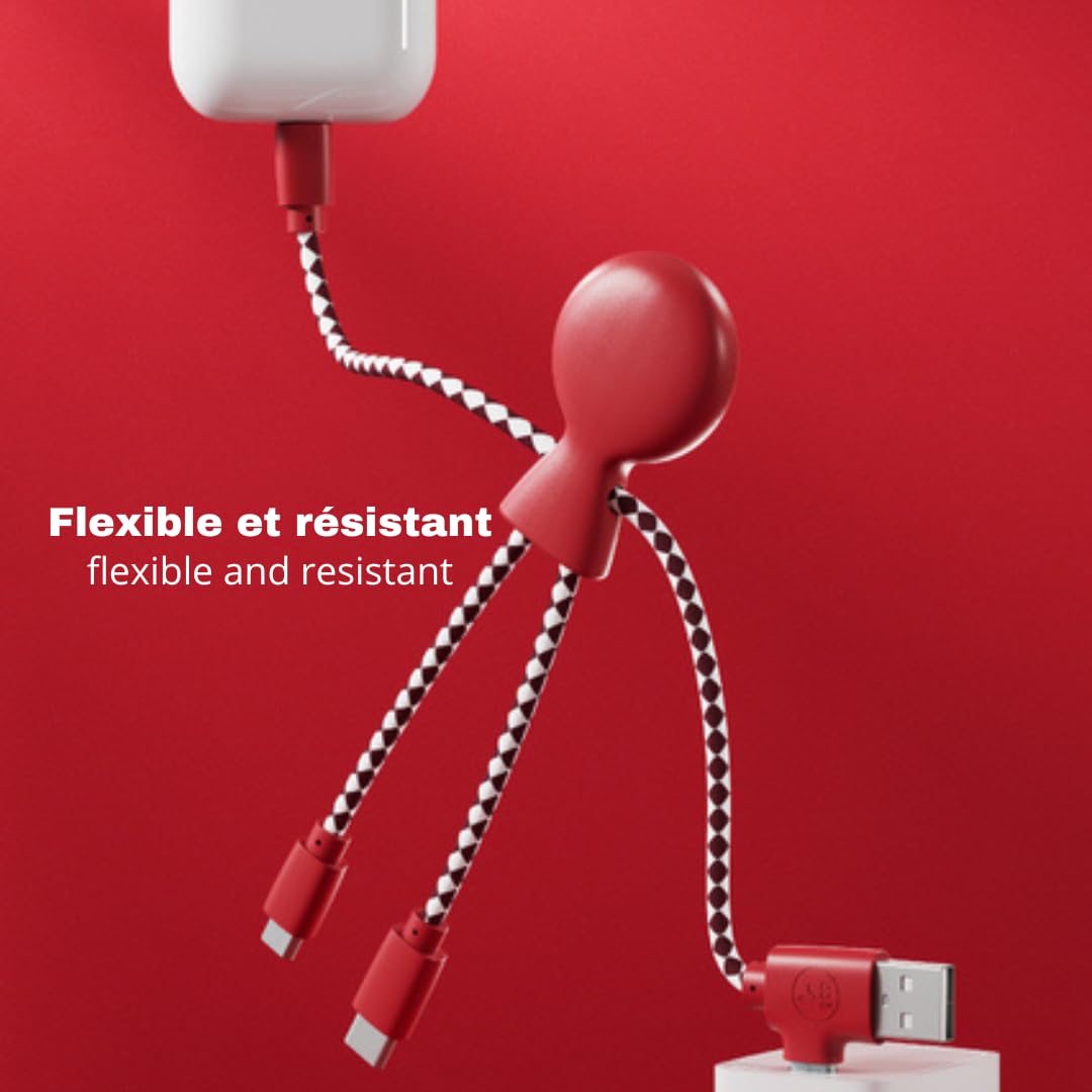 Multi USB Cable 4 in 1 - Universal Charger Made from Recycled Plastic - USB, USB-C, Lighting, Micro USB Ports - Compatible with All Smartphones Mr Bio RED Octopus
