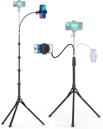Aureday Phone Tripod, 92" Cell Phone Stand with 15" Gooseneck, Remote and Phone Holder, Overhead & Selfie Stick for Recording/Watching/Vlog, Compatible with iPhone Android