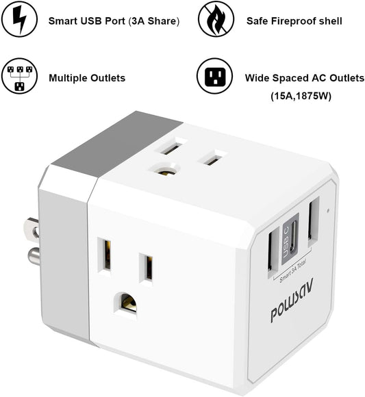 Cruise Ship Essentials, 3-Side Outlet Splitter with 3 USB Ports(1 USB C) USB Wall Charger, Outlet Extender for Home, Office and Cruise, ETL Listed, White