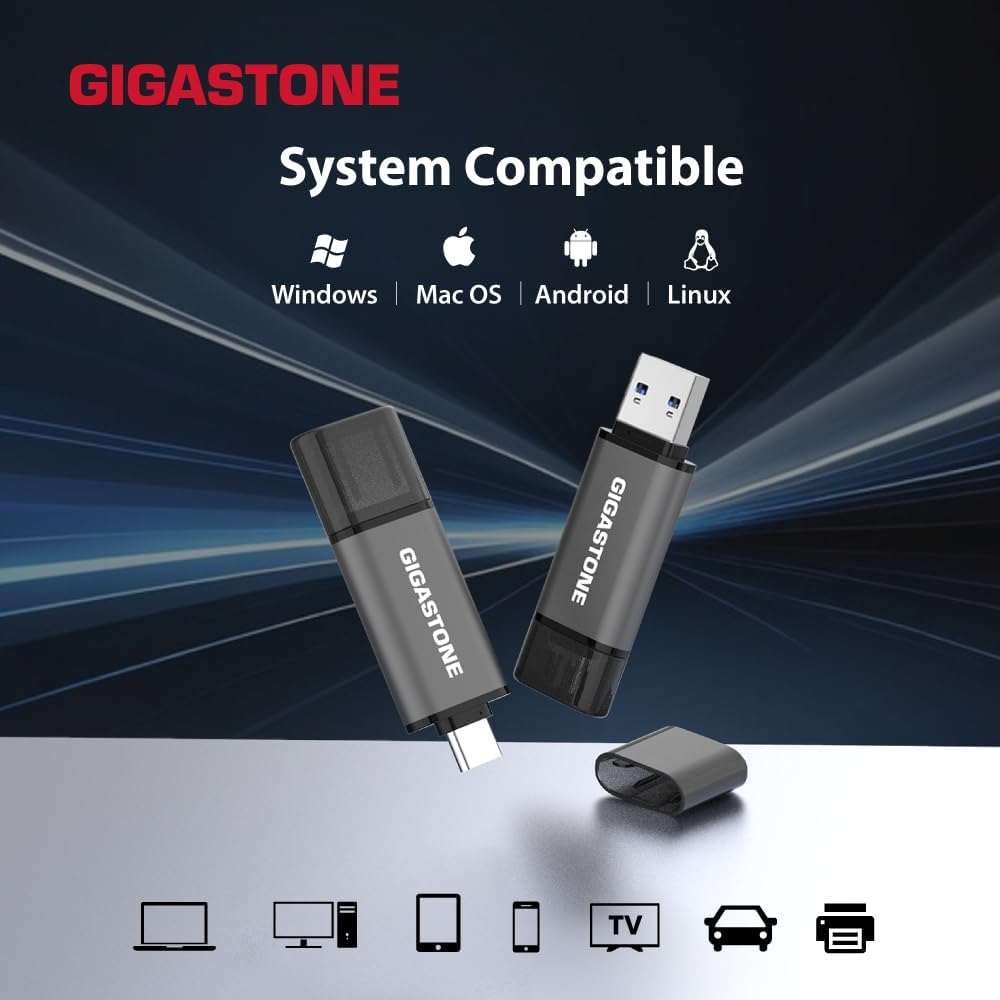 GIGASTONE 256GB Dual Flash Drive (2 Pack) Z40 USB 3.2 Gen 1, 2-in-1 Type-A & Type-C, 100MB/s Ultra Fast, Head Cap Design, Plug & Play for Smartphone/PC/Mac/TV/Car Audio, USB 2.0/3.0/3.1 Compatible