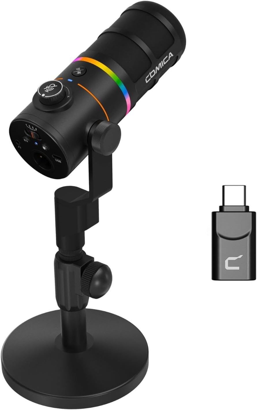 COMICA D10 Pro D Wireless/XLR/USB Dynamic Microphone with Receiver Desktop Stand- Dual Channel Cardioid Mic, 45H Battery, RGB Lights, CalMix Denoise for Gaming/Streaming/PD(PC, PS4/5, Mac,Phone)-Black