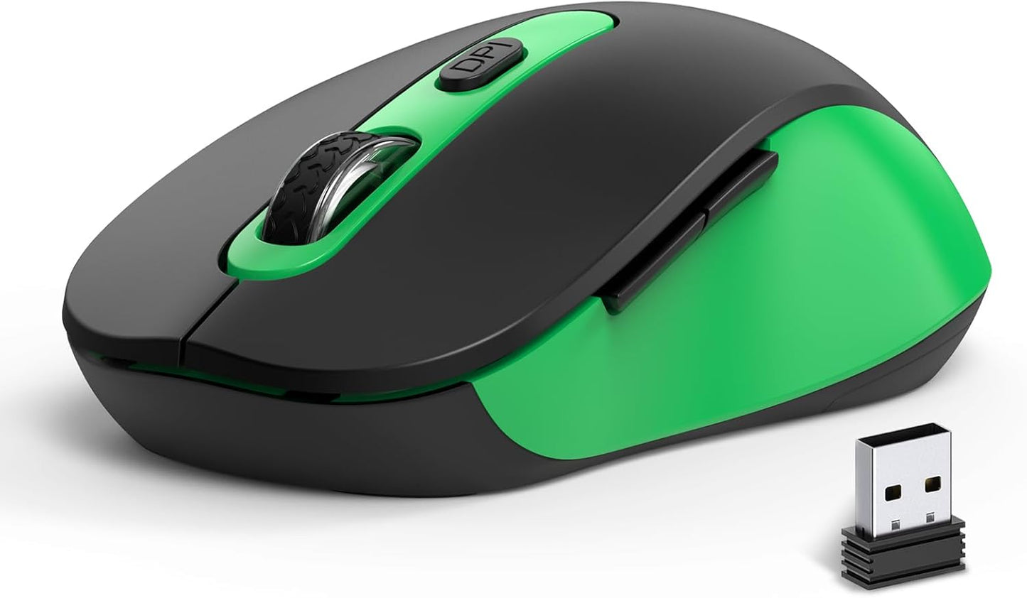 Wireless Mouse for Laptop, PC, Chromebook, Mac, MacBook, Silent Wireless Mouse with USB Nano Receiver, Side Button, 2400 DPI, Anti Slip Roller, 6 Button Ergonomics Cordless Computer Mice - Black Green