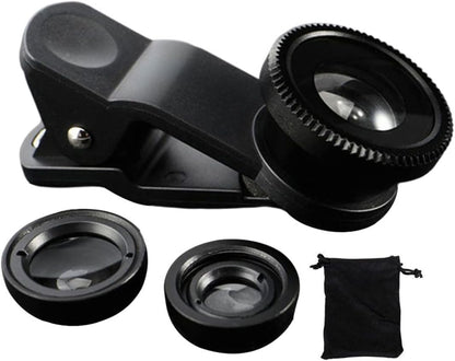 Phone Fisheye Lens 3in1 Wide Angle Fish Eye Macro Lenses Clip-on Universal Lens Black Lens Attachments