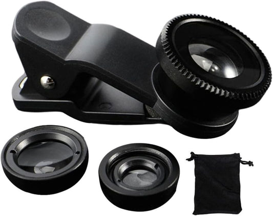 Phone Fisheye Lens 3in1 Wide Angle Fish Eye Macro Lenses Clip-on Universal Lens Black Lens Attachments