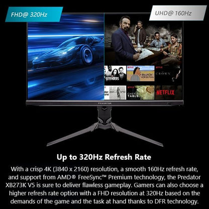 Acer Predator Gaming Monitor | 27" UHD 3840 x 2160 IPS | AMD FreeSync Premium | Up to 320Hz with DFR | Up to 0.5ms | VESA DisplayHDR400| DCI-P3 90% | Display Port 1.4 & 2 x HDMI 2.1 | XB273K V5bmiiprx