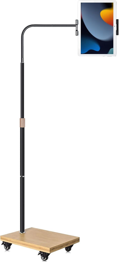 wishacc Tablet Floor Stand with Adjustable Gooseneck Mount, Swivels and Wheels for Bedside, Compatible with iPad, Galaxy Tab, Kindle and Phones