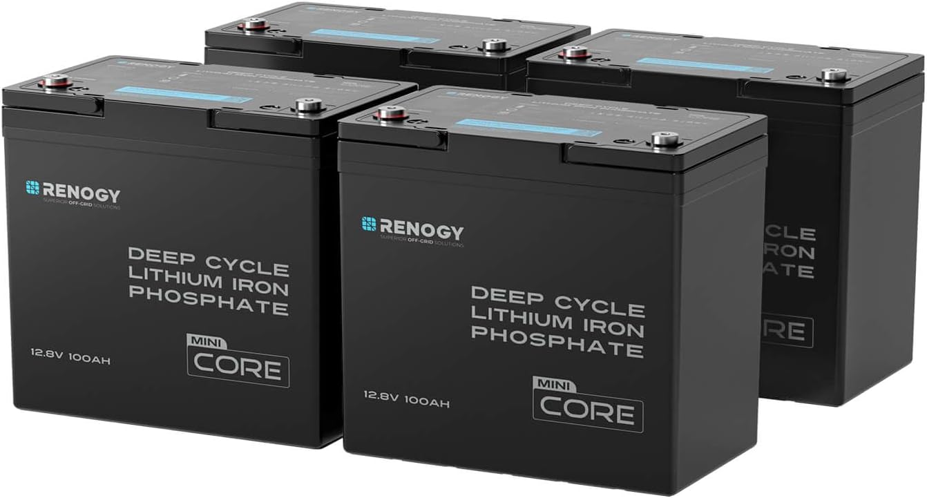 Renogy 4PCS 12V 100Ah LiFePO4 Lithium Battery Mini Size, 100A BMS for Ultimate Safety, Deep Cycle Remote Monitoring, Backup for RV, Cabin, Marine, 400ah LiFePO4 Lithium Battery - Core Series