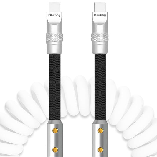 Chubbycable Colorblock Chubby - Spring Braided Silicone Charge Cable Coiled USB C 2.29FT-3.6FT White+Black Type-C to Type-C Cord for Car, Fast Charging