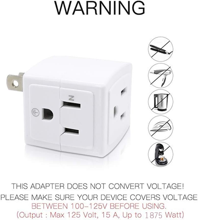 SYCON Adapter Outlet Extender, 2-Prong to 3-Prong Mini Wall Plug, Multi Outlet Splitter with 3 Outlets