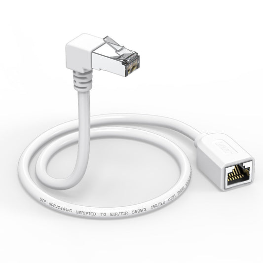 Right Angle Ethernet Extension Cable Down Angle1.5ft-White, 90 Degree CAT6 Ethernet Patch Cable RJ45 LAN Cable Extender Male to Female Connector for Router Modem Smart TV PC Computer Laptop