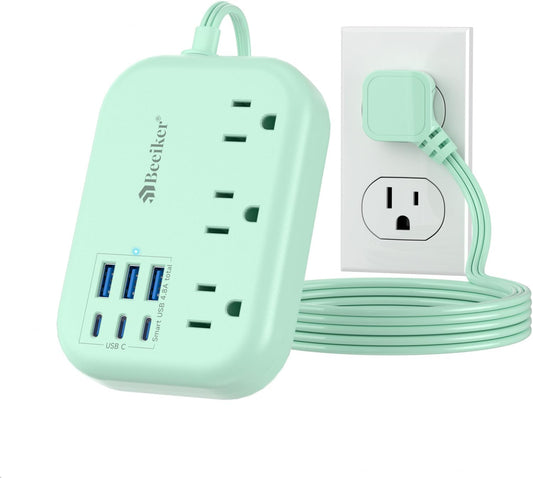 6 USB(3 USB C) Green Travel Power Strip- 5Ft Green Extension Cord with 6 USB Charging Station 24W and 3 Outlets, Cute Desk Accessories for Cruise Travel Kawaii Home Office Dorm Room