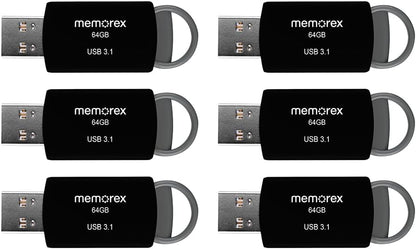 64GB Memorex USB 3.1 Flash Drive – Transfer Speeds Up to 10x Faster Than USB 2.0, Latest USB 3.1 Gen 1 Technology, Lightweight Design, for Daily File Management, Type-A Connector, 6-Pack