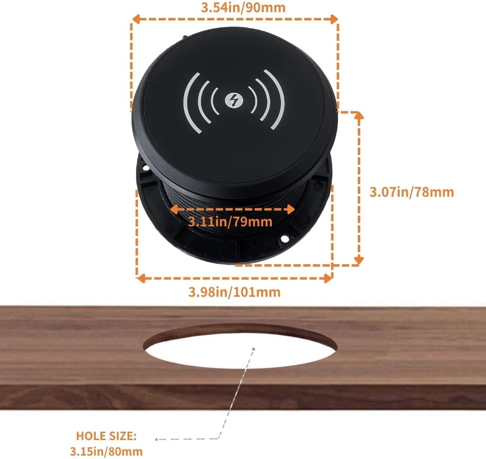 ZESHAN Desk Power Grommet Desktop Power Outlet Sofa Table Outlet with Wireless Charger, USB A, USB C Fast Charging Ports and 2 US Plugs 1.8M Power Cord for Conference Table Desk Furniture, Black