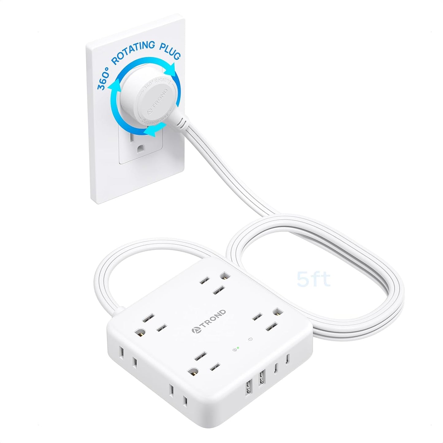 TROND 360° Rotating Plug Power Strip, 5FT Flat Extension Cord with Multiple Outlets 4 USB (2 USB C), Wall Mount Surge Protector 1440 Joules for Home Office Travel Dorm Room Essentials, White