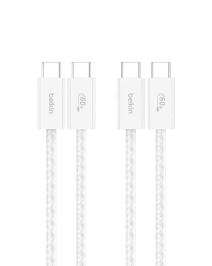 Belkin USB C to USB C Cable 2-Pack, 3.3ft, 60W - Type C Charger, iPhone Charger Cord, Soft, Braided, Flexible for iPhone 16, Galaxy S25, Pixel 9, Airpods, iPad Pro & More, Travel Essentials - White