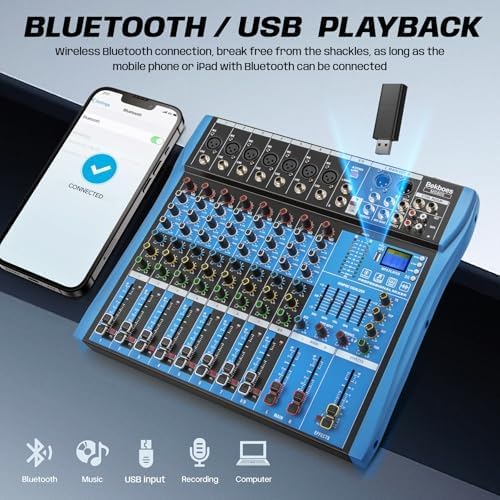 Professional Audio Mixer, 8 Channel, Input 48V Phantom Power Stereo Digital USB Bluetooth MP3 Computer Input, Build-in 16 Effect DSP, for Recording, Live Streaming, Podcasting MG80S