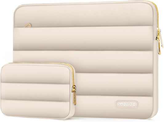 MOSISO 13.3 inch Laptop Case, 13-13.3 inch Puffy Laptop Sleeve Compatible with MacBook Air 13 13.6 M4 M3 M2 M1/Pro 13/Pro 14, HP Dell ASUS Lenovo,Polyester Horizontal Bag with Small Case, Sand