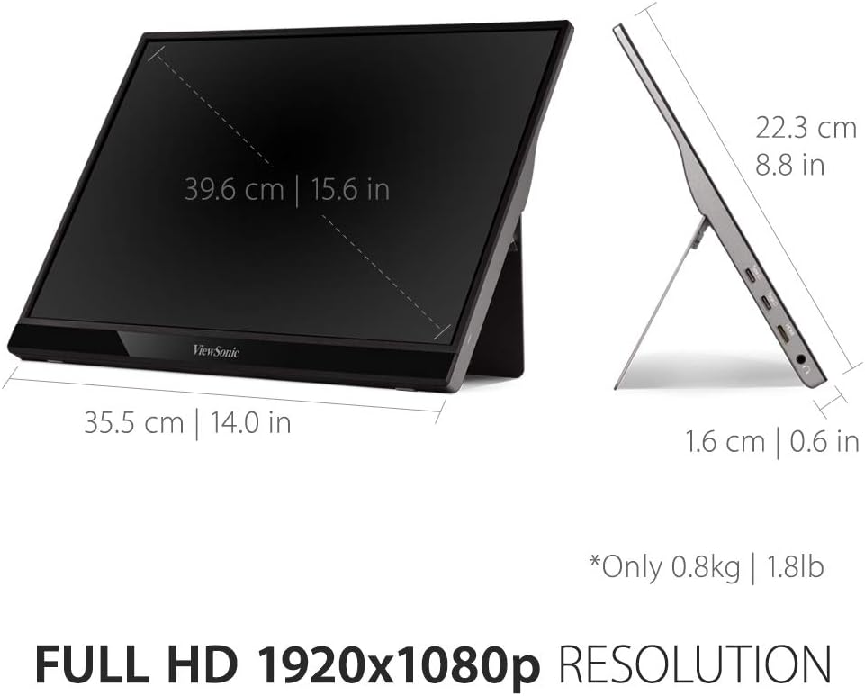 ViewSonic VG1655 15.6 Inch 1080p Portable Monitor with 2 Way Powered 60W USB C, IPS, Eye Care, Dual Speakers, Built-in Stand with Magnetic Cover