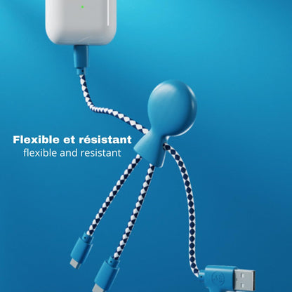 Multi USB Cable 4 in 1 - Universal Charger Made from Recycled Plastic - USB, USB-C, Lighting, Micro USB Ports - Compatible with All Smartphones Mr Bio Blue Octopus