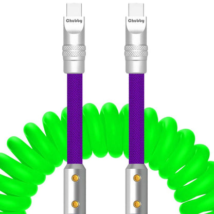 ChubbyCable Colorblock Chubby - Spring Braided Silicone Charge Cable - Coiled USB C Cable Fast Charging Cord for Car, Green+Purple, Type-C to Type-C, 2.29FT-3.6FT