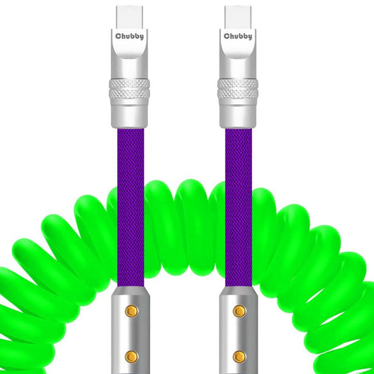 ChubbyCable Colorblock Chubby - Spring Braided Silicone Charge Cable - Coiled USB C Cable Fast Charging Cord for Car, Green+Purple, Type-C to Type-C, 2.29FT-3.6FT