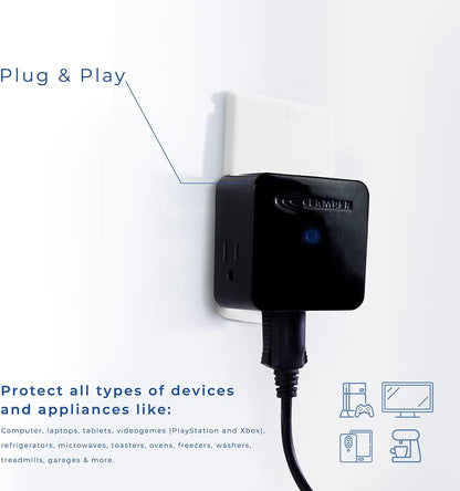 Clamper 3-Outlet Surge Protector 1800 Joules, 1875W, for TV, PC, Xbox, PS5, Refrigerators and Other Appliances (Compact Wall Surge Protector), iCLAMPER Power 3, 2-Pack Black