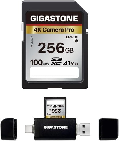 [5-Yrs Free Data Recovery] GIGASTONE 256GB SD Card with USB Type C Card Reader, 4K Camera Pro, A1 V30 U3 SDXC Memory Card Compatible with Canon Digital Camera, with 1 Mini case