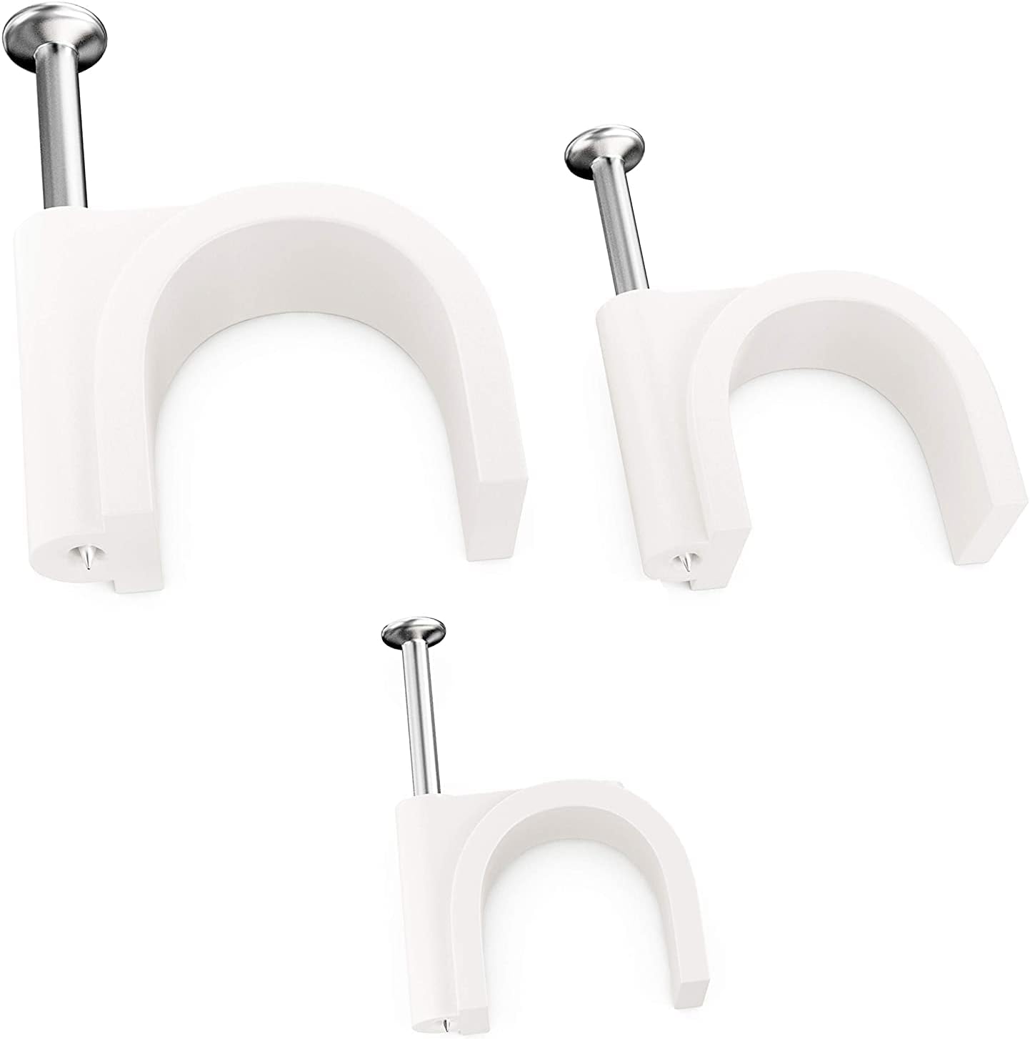Pro-Grade, Cable Clips with Steel Nails 5mm, 7mm, 9mm Wire Holders and Tacks 100 Per Size. Durable, Easy Install, UV Resistant Plastic Clips to Organize Coax, Ethernet, Cat5, Cat6 and Other Cords.