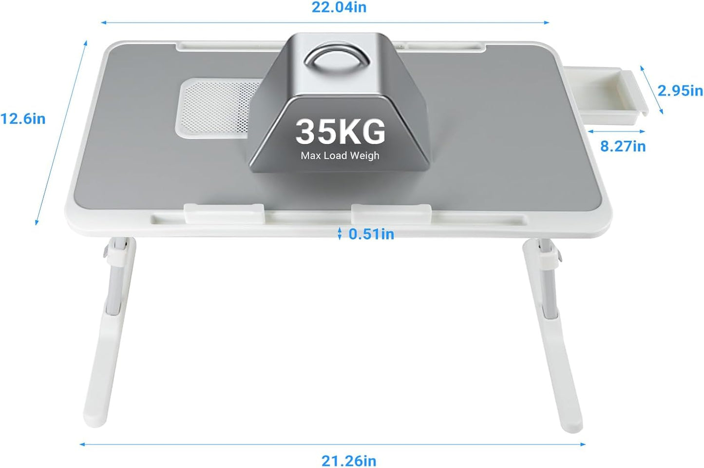 Laptop Lap Desk with Cooling Fan - Adjustable with Light, USB, Storage Drawer - Folding Bed Desk,22.04"*12.59",Grey