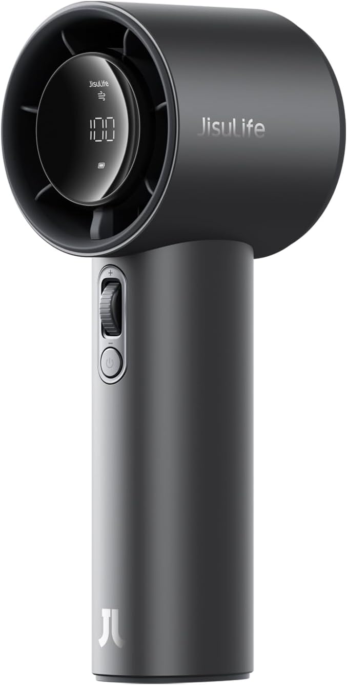 JISULIFE Portable Fan Pro1S 2025, 40Hrs Max Cooling Personal Handheld Fan with LED Display,Metal Shell,9700RPM Powerful,5000mAh battery,Travel Essentials Gifts for Women, Men-Dark Gray