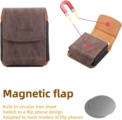 Universal Phone Holster Phone Pouch Case Belt Clip Belt Loops Card Slot Faux Leather for Man for Samsung Galaxy Z Flip 5/4/3 Motorola Razr Plus Razr+ 2023 (Brown&Yellow, XS(3.7"x3.1"x1.1"))