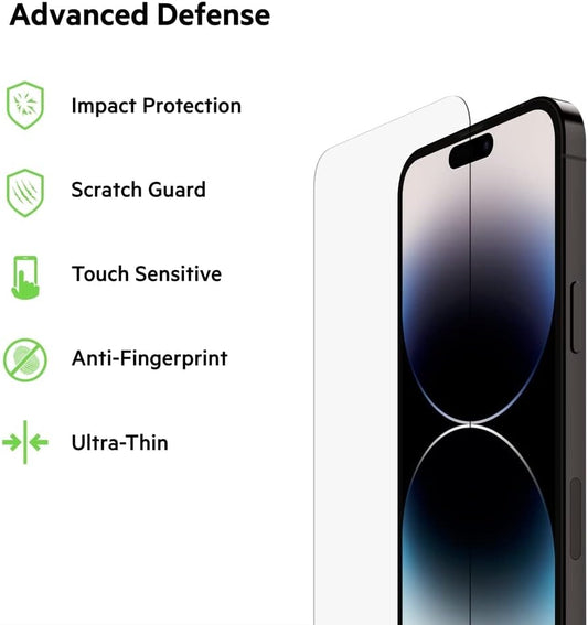 Belkin TemperedGlass iPhone 14 Pro Max Screen Protector - iPhone 14 Pro Accessories - Easy Application With Installation Guide Tray - Tempered Glass Antimicrobial Screen Protector - 9H Hardness Tested