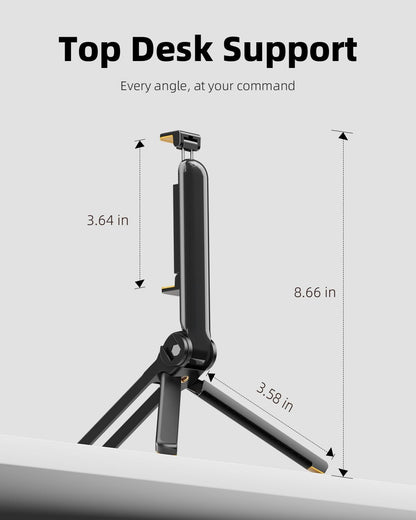 TODI Phone Tripod, Foldable Mini Desk Stand with 360° Phone Holder & Cold Shoe, Pocket Travel Tripod for iPhone, Portable Selfie Stick Handle Grip Compatible with iPhone/Android