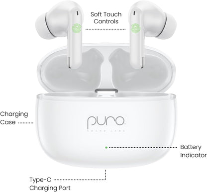 Puro Sound Labs PuroQuiet-Air Active Noise Cancelling Bluetooth Earbuds, Volume-Limited Wireless Earphones for Safe Listening, Soft Touch, Type-C Charging with Built-In Microphone & Secure Fit – White