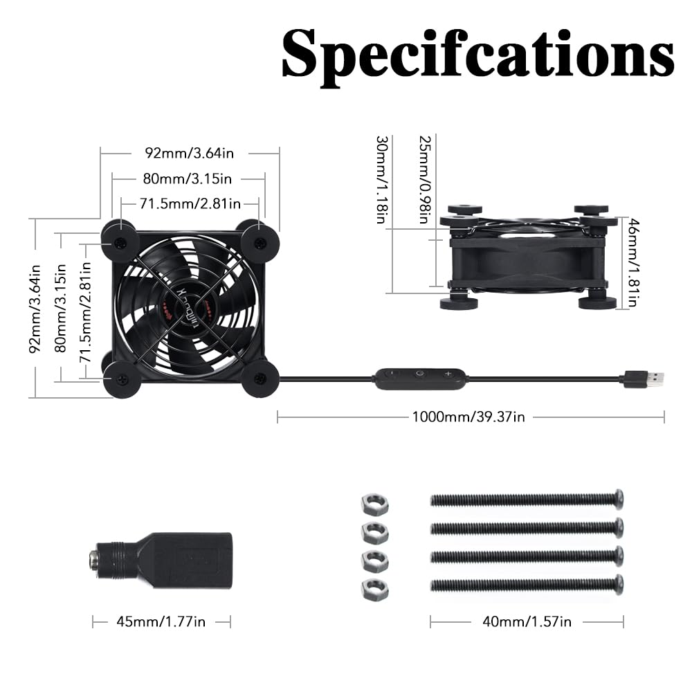 Quiet 80mm Fan with 10 Speed USB 5V DC 12V IPX5 Waterproof Cooling Fan for Tablet TV Receiver Router DVR Xbox Greenhouse Kennel Computer Cabinet Component Cooling