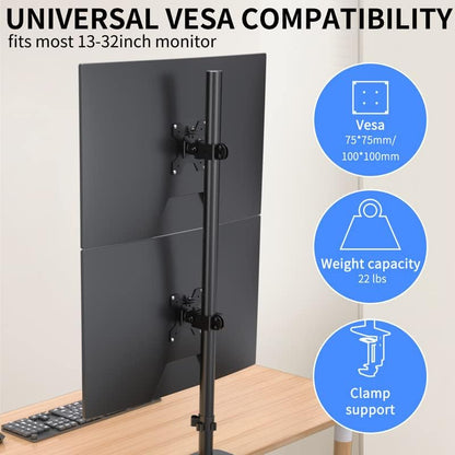 Pholiten Tall Vertically Stacked Dual Monitor Desk Mount Stand,Extra Tall 31 Inch Monitor Stand, Fully Adjustable Monitor arm for 13-32 Inch LCD Screen，Holds up to 22lbs