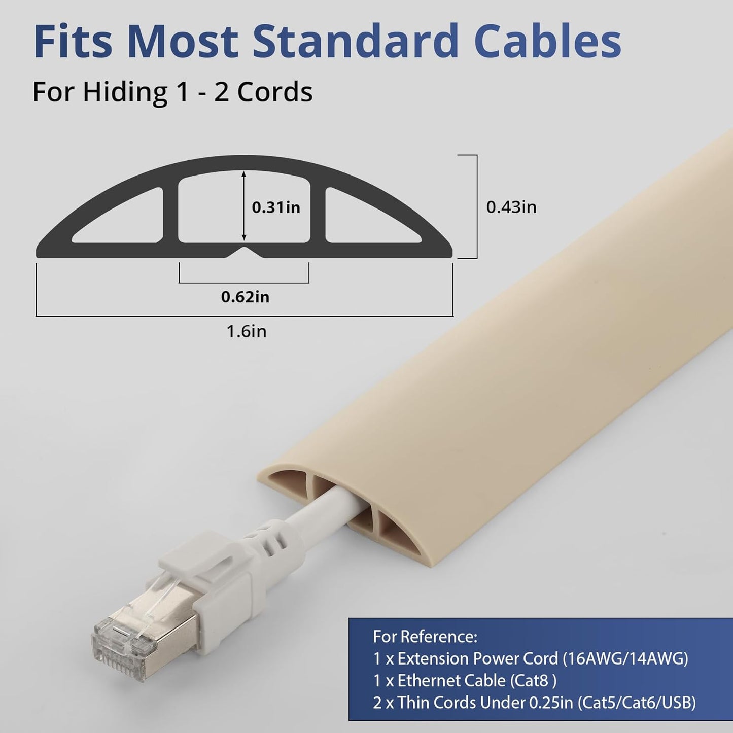ZhiYo 5.6ft Cord Covers for Wires on Floor, Cord Hider Floor Hide Extension Cords, Soft PVC Cable Cover Cable Protector, Wire Cavity W0.62in H0.31in, Beige