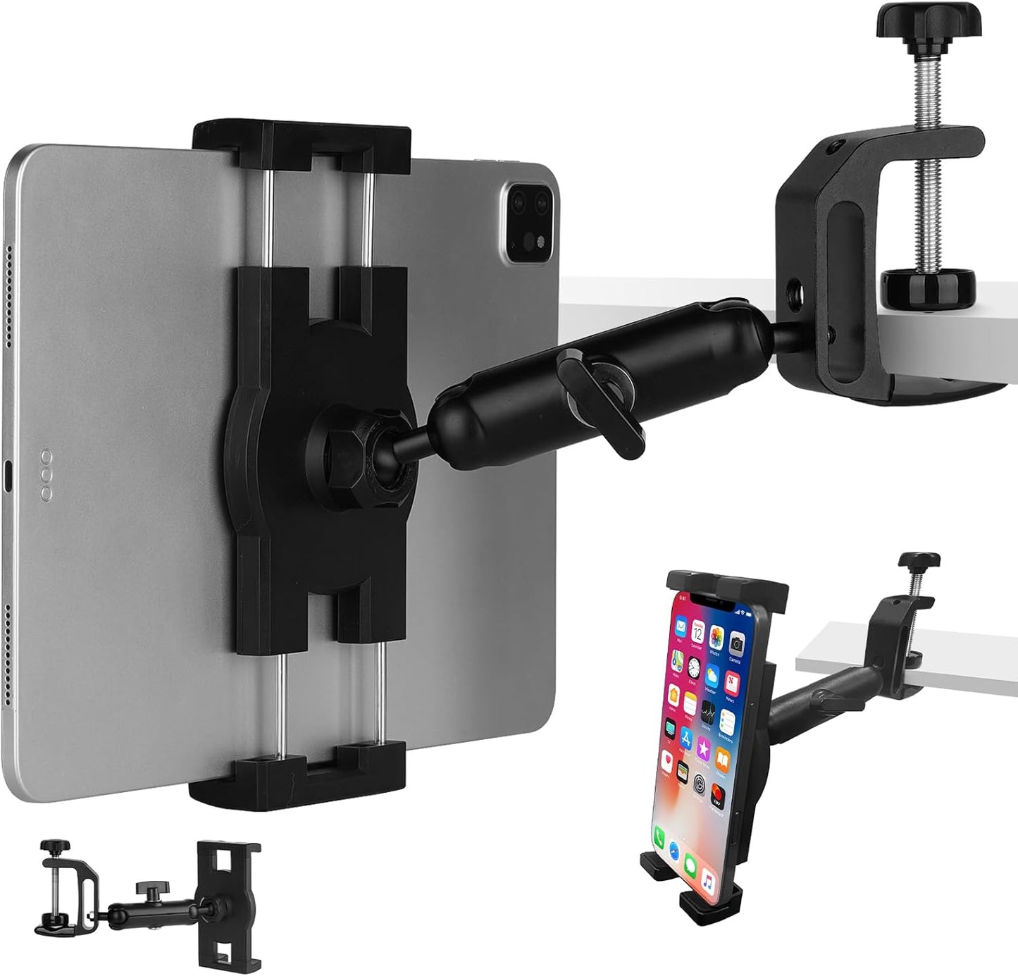 Under Cabinet Tablet Mount, Kitchen Tablet Holder iPad Mount for Desk/Table/Board/Chair,Compatible with 4.7~12.9" iPad/Nexus/LG G Pads/e-Reader/Switch/iPhone,360° Adjustable Aluminum Alloy Arm Stand
