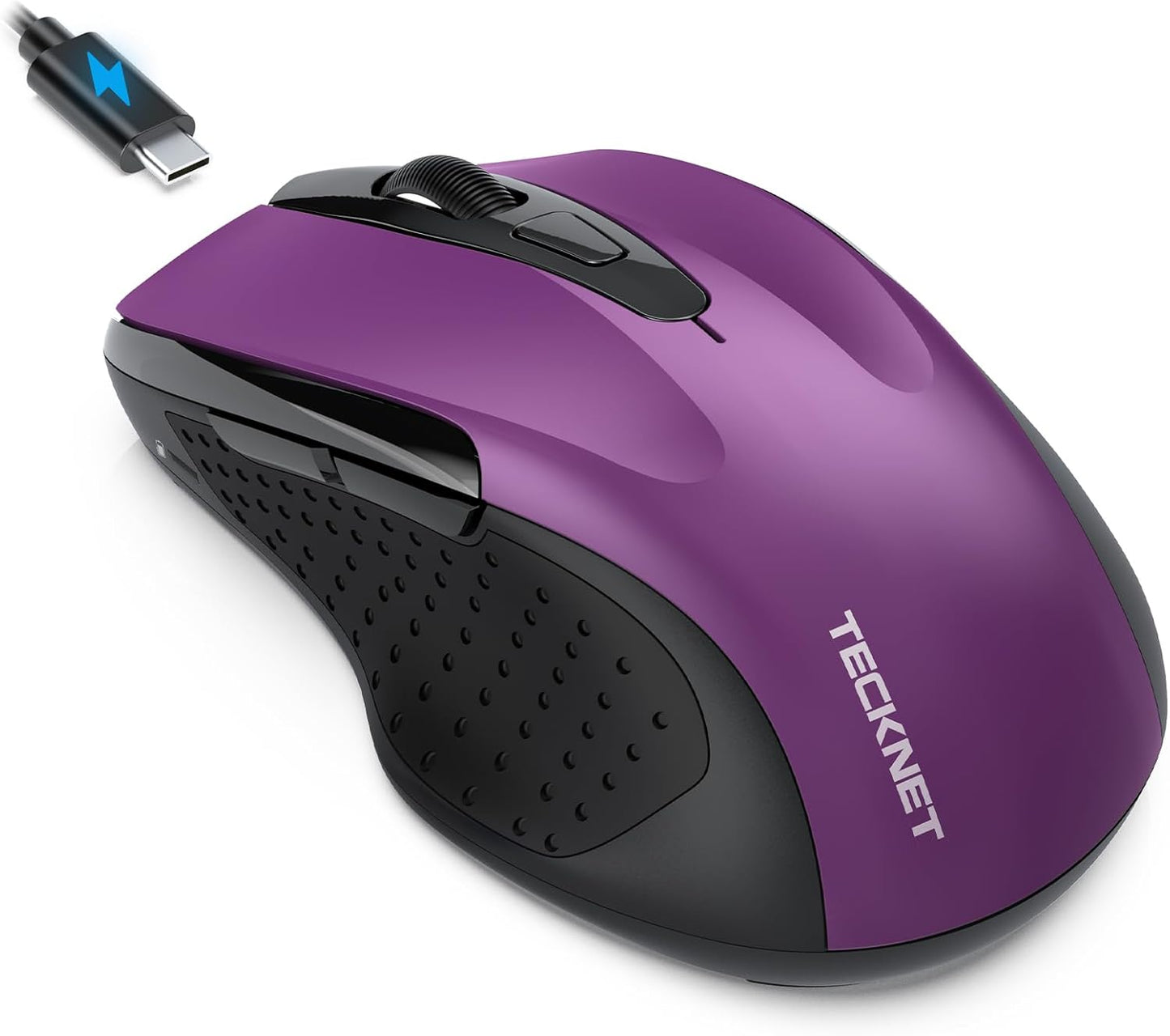 TECKNET Rechargeable Jiggler Wireless Mouse (BT5.0/3.0 & 2.4G) 4800 DPI Silent USB A & Bluetooth Mouse 6 Buttons, Wide Compatibility - Purple