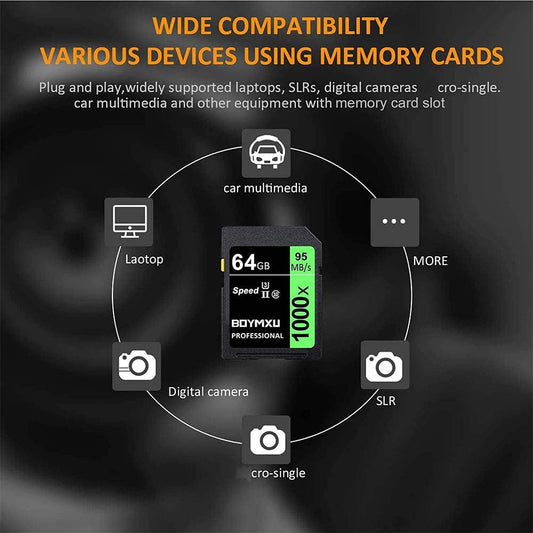 Professional 1000x UHS-I U3 64GB Memory Card - Up to 95MB/s, Compatible with Computers, Cameras & Camcorders - Green/Black
