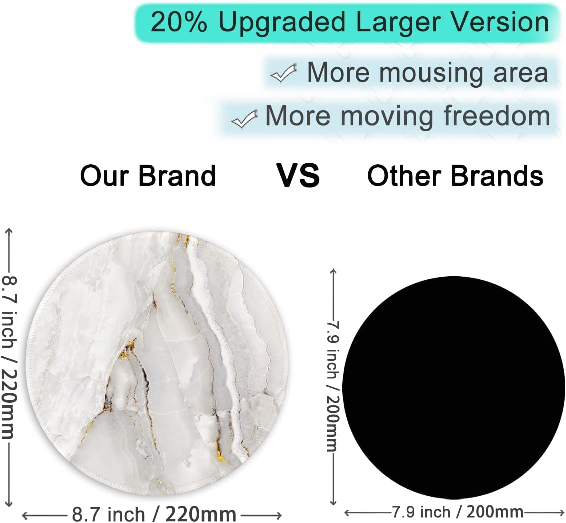 ITNRSIIET Round Mouse Pad with Stitched Edge Premium-Textured Waterproof Non-Slip Rubber Base Desktop Protection Mat Diameter 8.7 inches, White Textured Marble