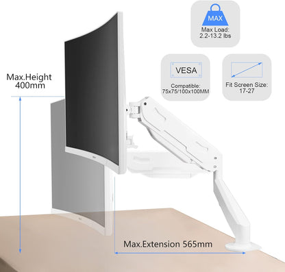 Gas Spring Monitor Arm 32 Inch,Adjustable Single Monitor Desk Mount with Swivel/Tilt/Rotation,Computer Monitors Stand Holder with Clamp/Grommet Mounting Base, VESA Mount Bracket,White