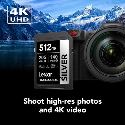 Lexar 512GB Professional Silver SD Card, UHS-I, C10, U3, V30, 4K, Up to 205/140 MB/s SDXC Memory Card, for Professional Photographer, Videographer, Enthusiast (LSDSILV512G-BNNNU)