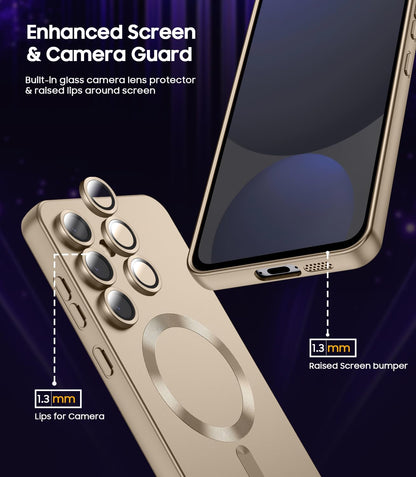 Magnetic for Samsung Galaxy S24 FE Case [Compatible with MagSafe][Built-in Camera Lens Protector] Slim Soft Silicone Bumper Shockproof Metallic Luster Phone Cover (Gold)