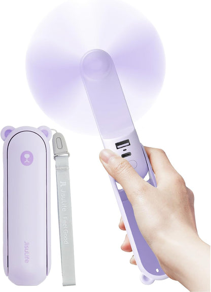 JISULIFE Handheld Fan with 4500 mAh Powerbank Max 37 Hours Runtime, Pocket Portable Battery Operated or USB Powered Folding Personal Fan, 3 Speeds, Gifts for Women Men Kids Gift for Festival-Purple