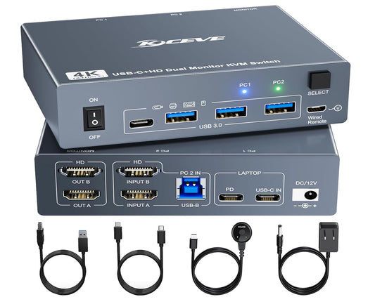 KVM Switch 2 Monitors for 1 Laptop and 1 Desktop 4K@60Hz, USB C HDMI Dual Monitor KVM Switch,Docking Station KVM Switches with 4 USB 3.0 Port, 80W PD Charging, Wired Remote and USB-C Cable Included