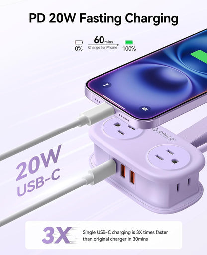 ORICO Purple Travel Power Strip PD20W with 4 AC Outlets 3 USB Ports (1 USB-C), 4FT Flat Plug Extension Cord, Compact Portable Design for Business Travel, Cruise Ship Essentials-AP3