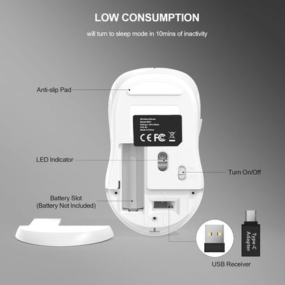 WisFox 2.4G Wireless Mouse for Laptop, Ergonomic Computer Mouse with USB Receiver and Type-C Adapter, 3 Adjustable Levels DPI, 6 Button Cordless Wireless Mice (White)