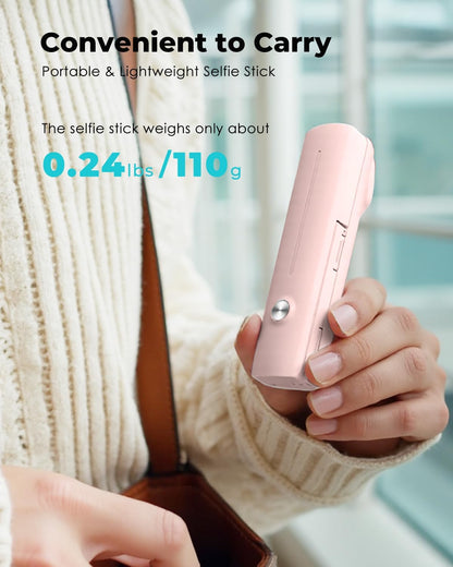 Viozon Portable Selfie Stick, Lightweight Extendable Stainless Steel Tube,All-in-One Compact Selfie Stick with Wireless Remote Compatible with 4-7" iPhone/Android Phones for Vlog/Travel/Filming, Pink